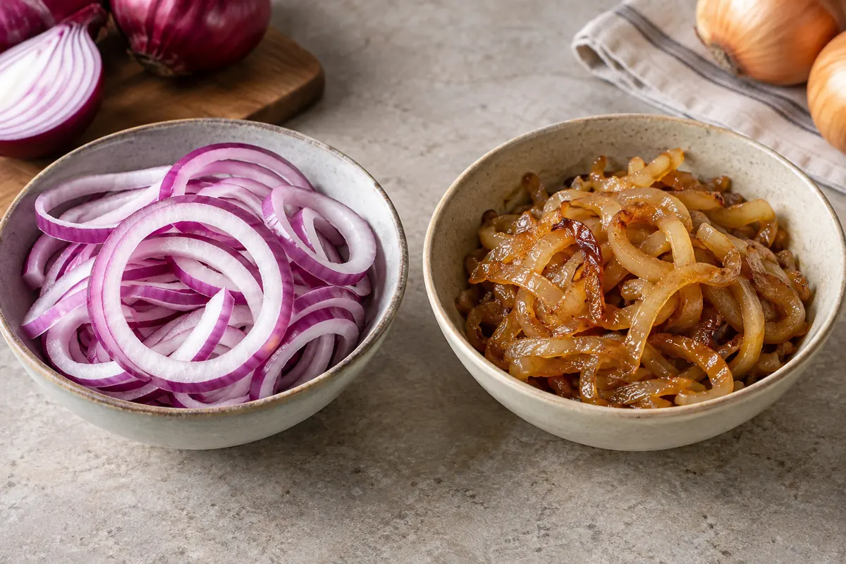 Crisp raw red onion rings beside cooked caramelized yellow onion strips