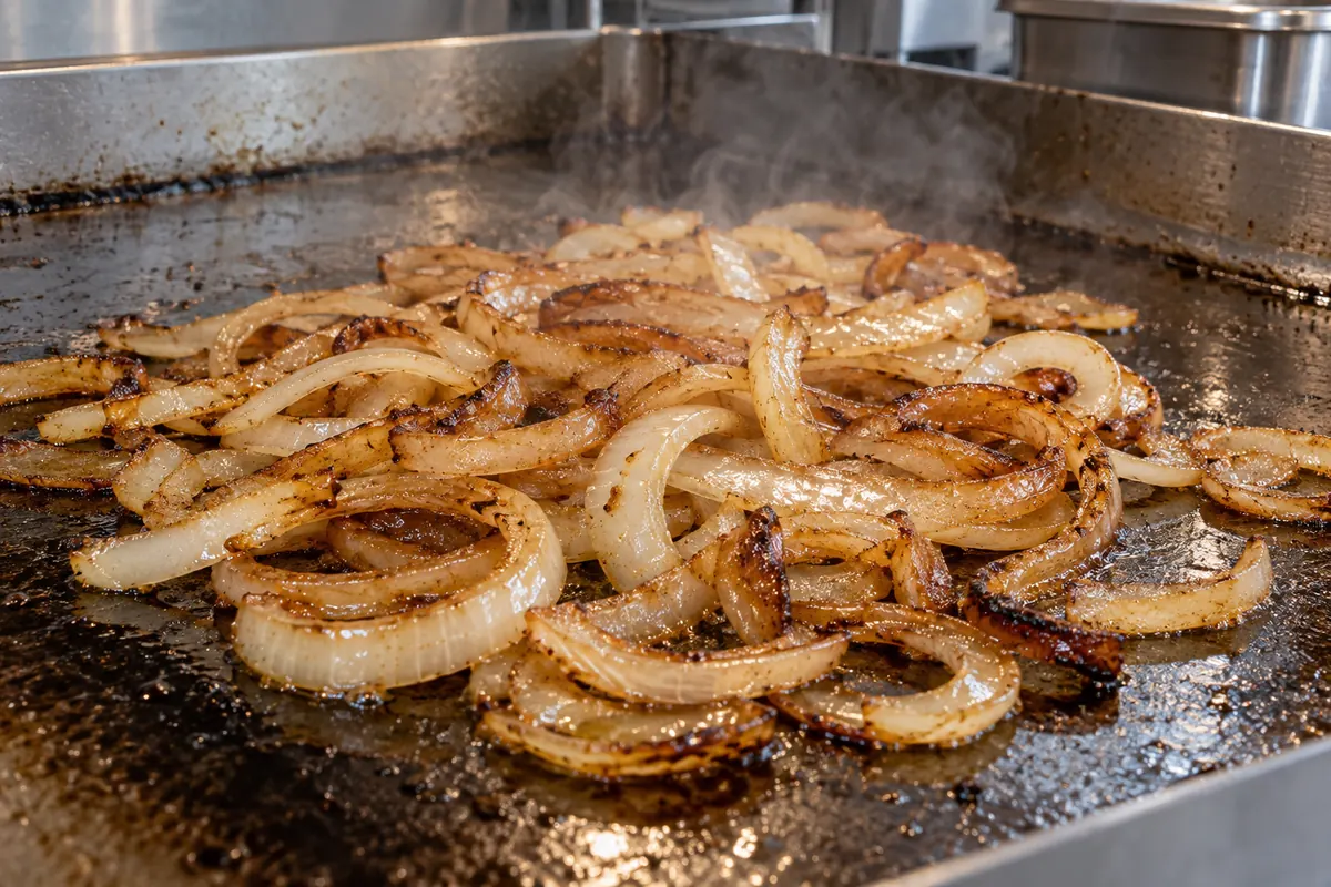 Yellow onion slices browning on a flat-top griddle