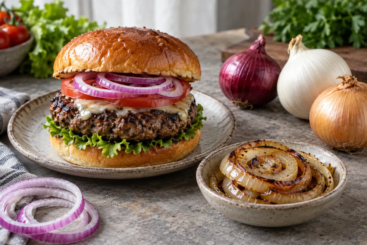 Burger with raw red onion and browned yellow onion beside whole onion varieties