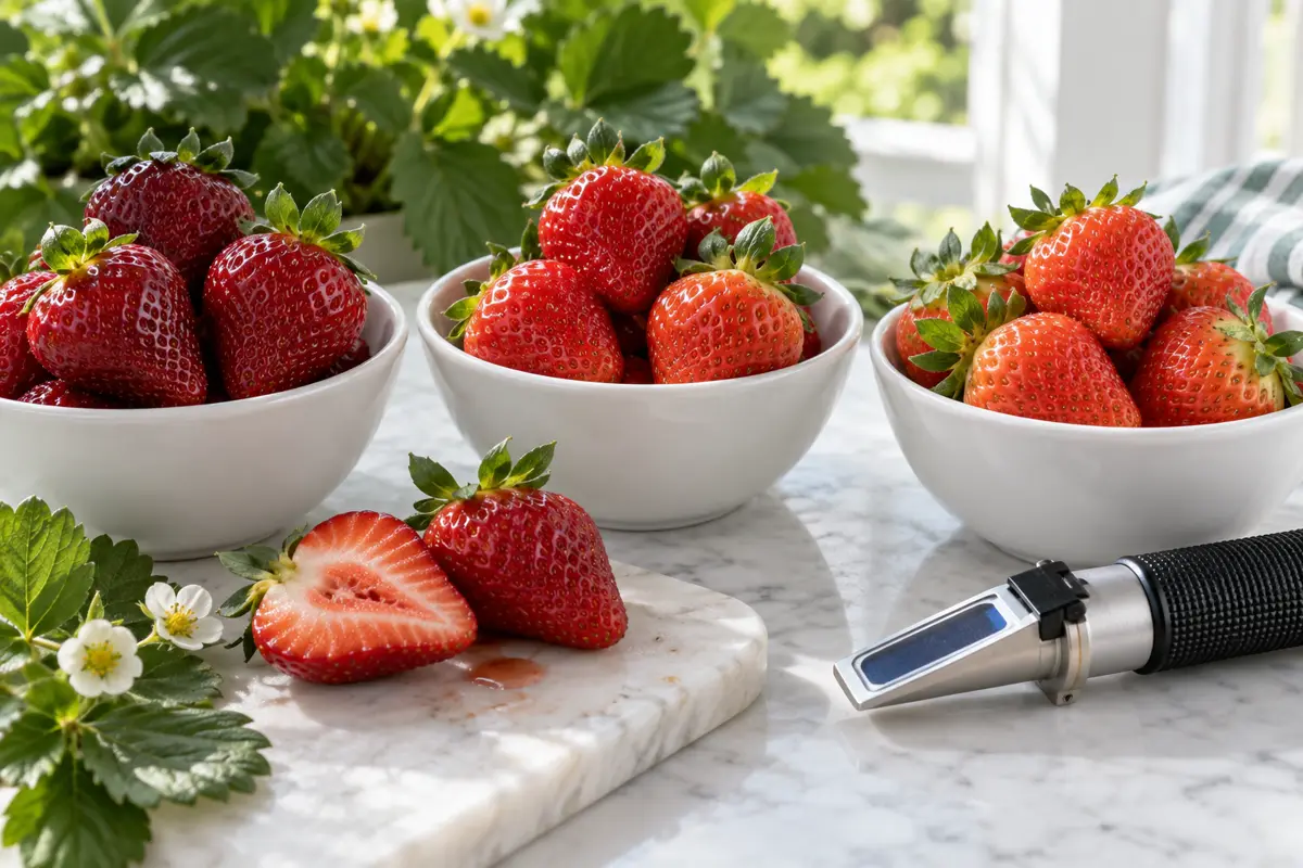 Ripe strawberries with different flavor traits Ripe strawberries with different flavor traits.