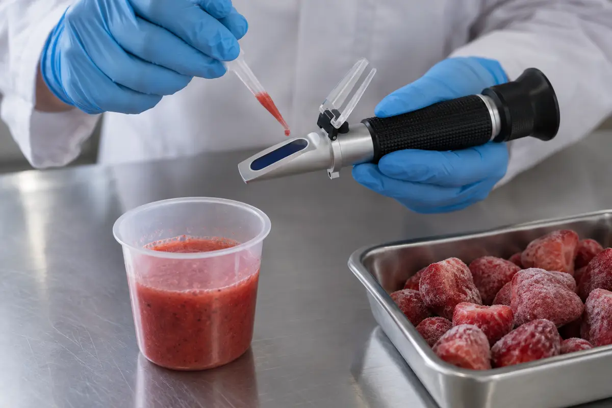 Strawberry juice refractometer check.
